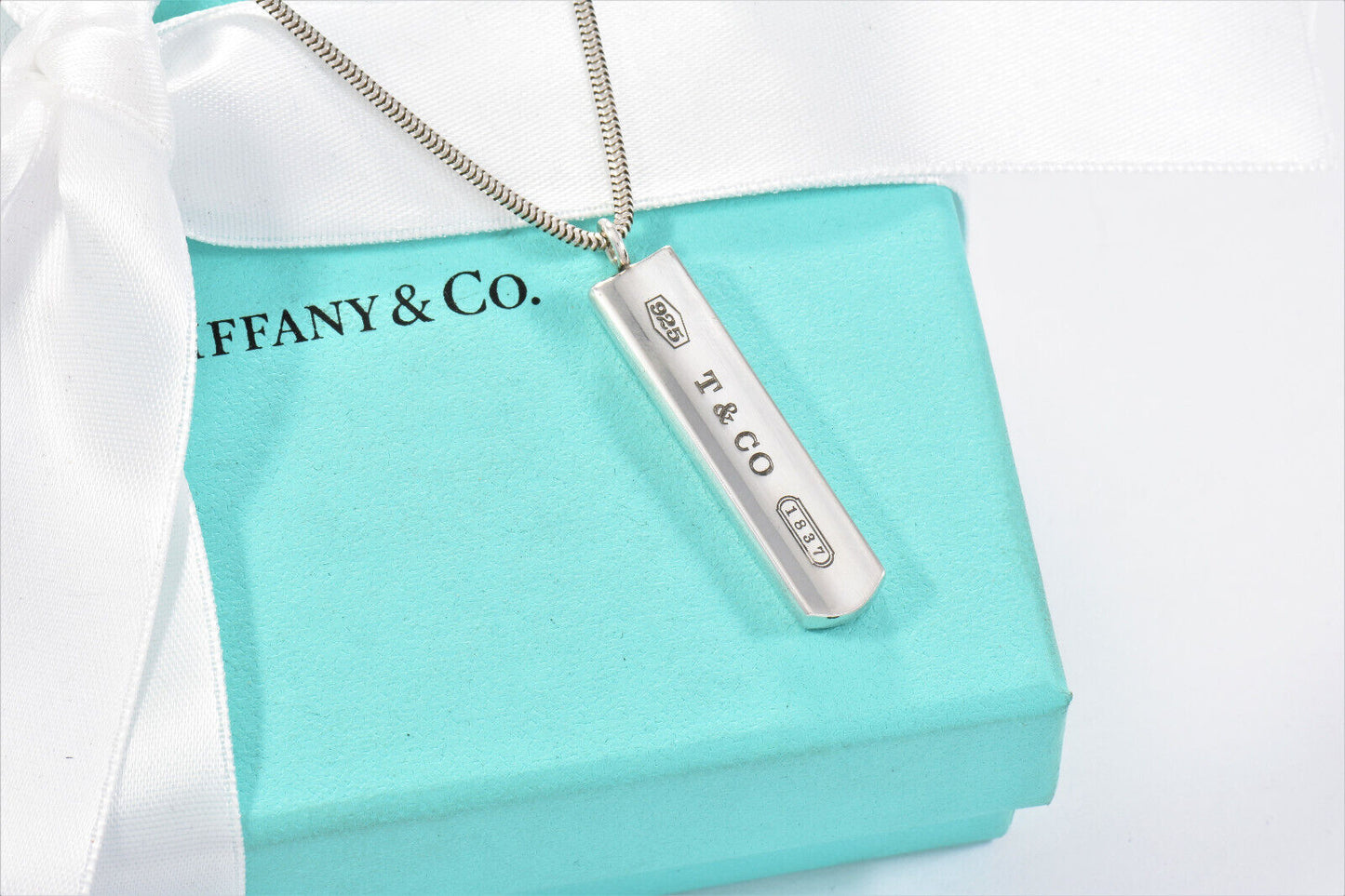 Tiffany & Co Sterling Silver 1837 Bar Pendant 18.25" Snake Chain Necklace in Box