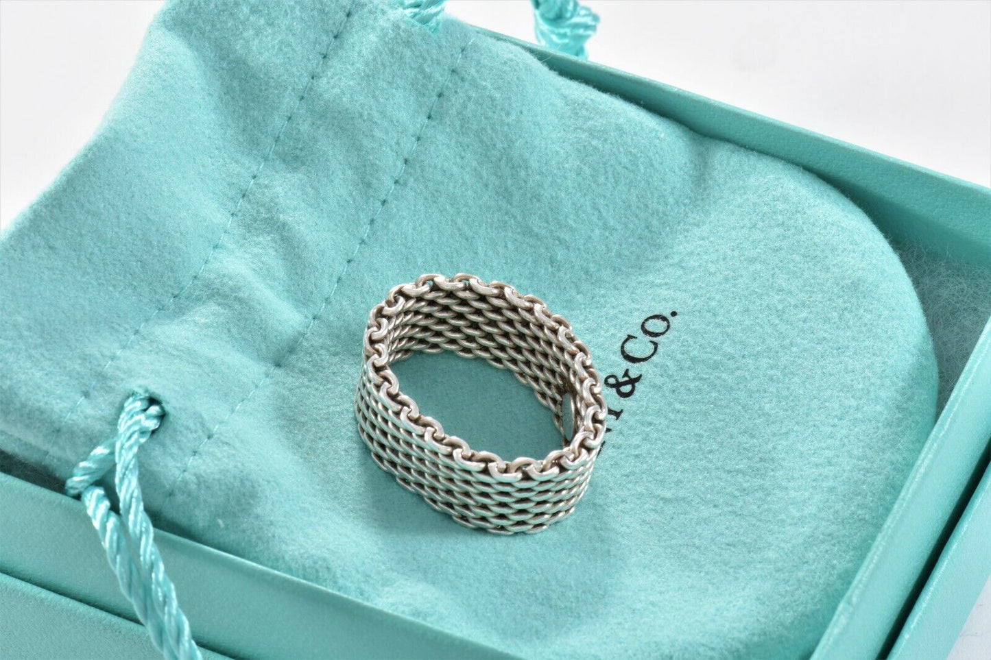 Tiffany & Co Somerset Sterling Silver Mesh Love Ring Sz 6.5 in Box Pouch Lovely