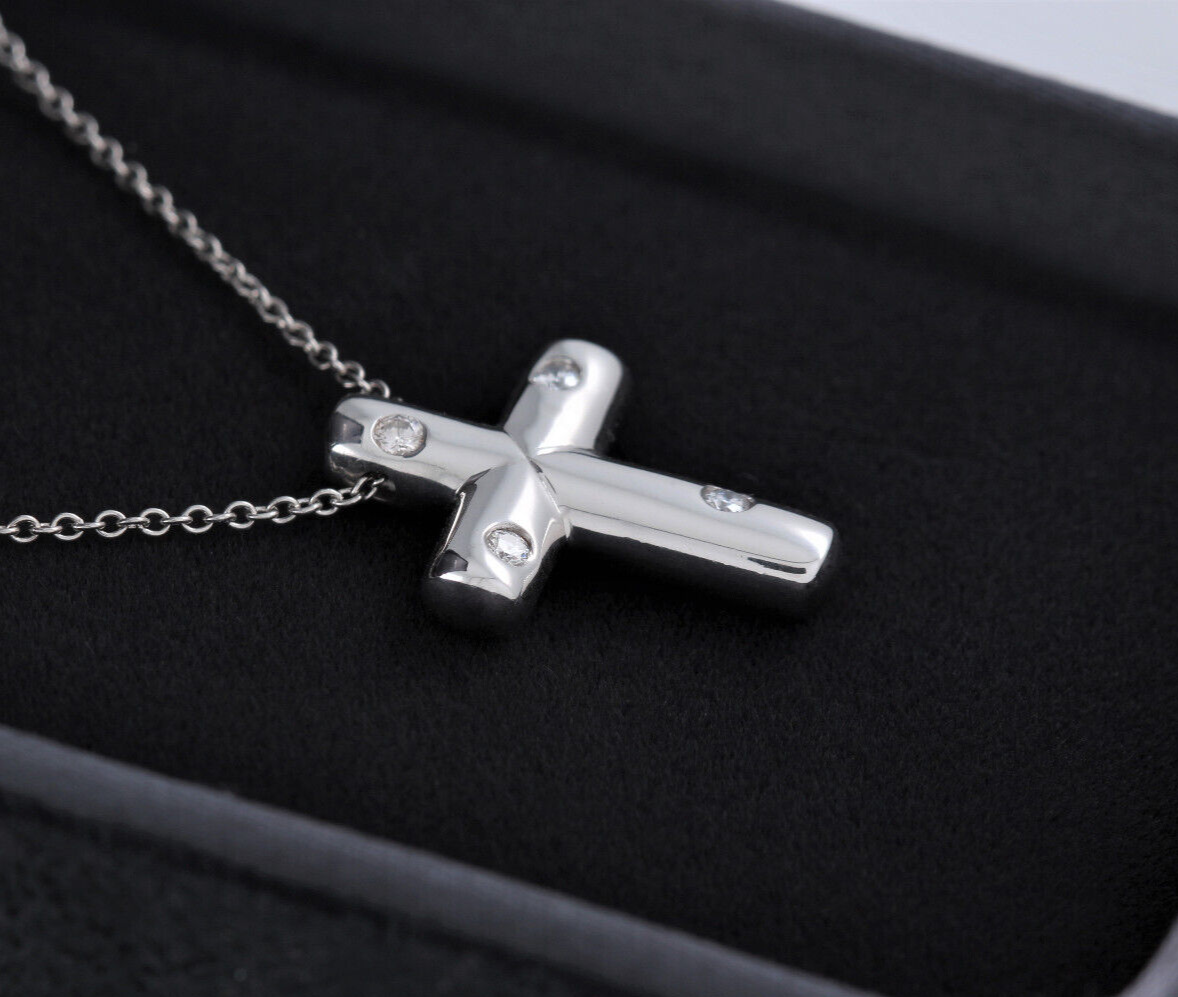 Tiffany & Co Diamond Platinum Etoile Cross Pendant 16.75" Necklace in Box Pouch