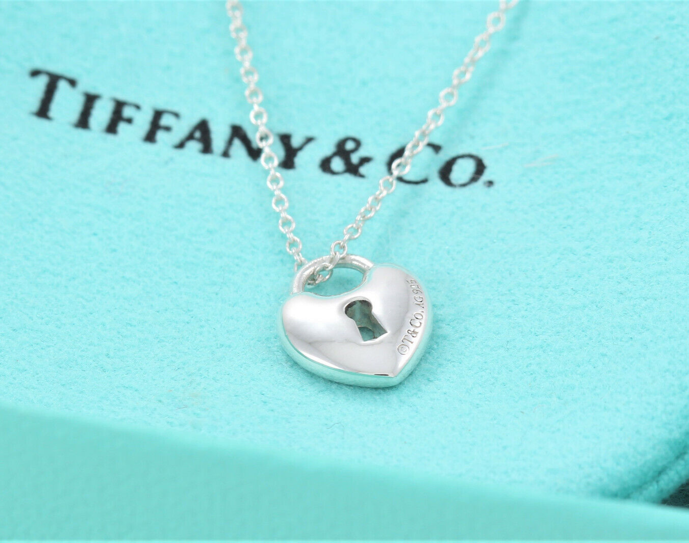 Tiffany & Co Silver Blue Enamel Small Heart Lock 16.5" Necklace in Pouch Keyhole