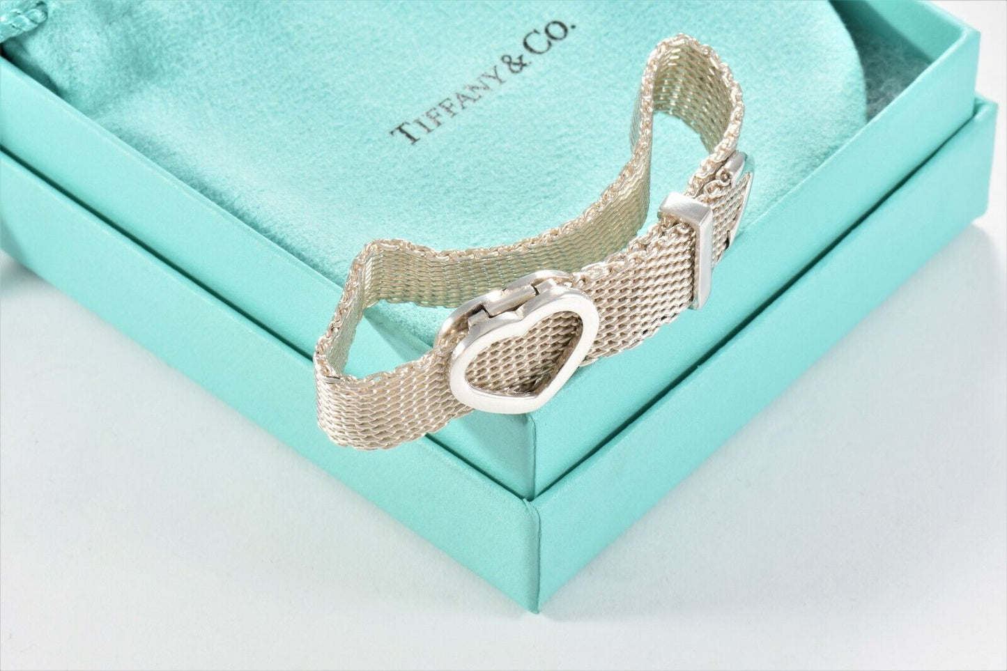 Tiffany & Co Silver Somerset Heart Mesh Belt Buckle 8.5" Bracelet & Pouch Rare