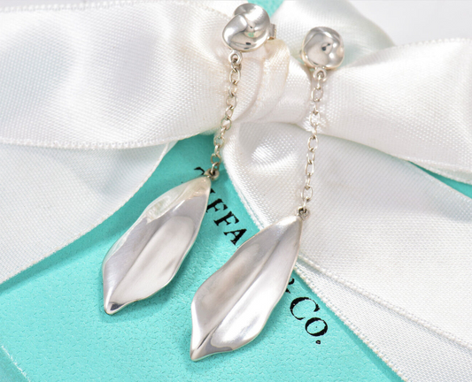 Vintage Tiffany & Co Silver Nature Leaf Dangle Drop Earrings Pouch Rare Dangling