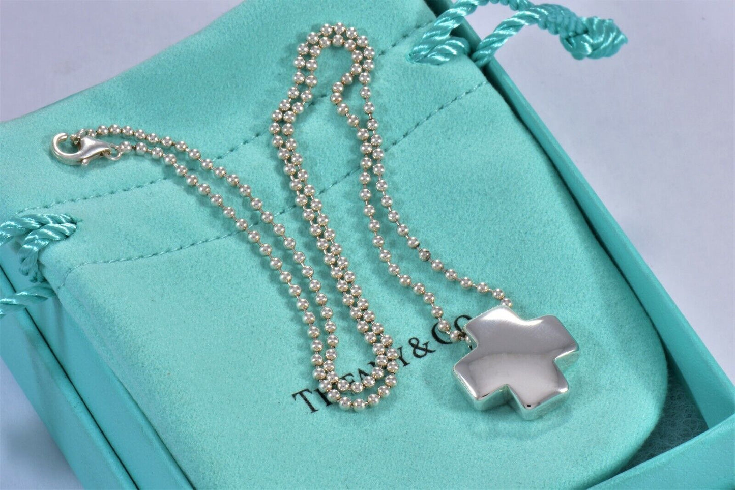 Tiffany & Co Italy Sterling Silver Swiss Cross Pendant Bead Chain Necklace Pouch