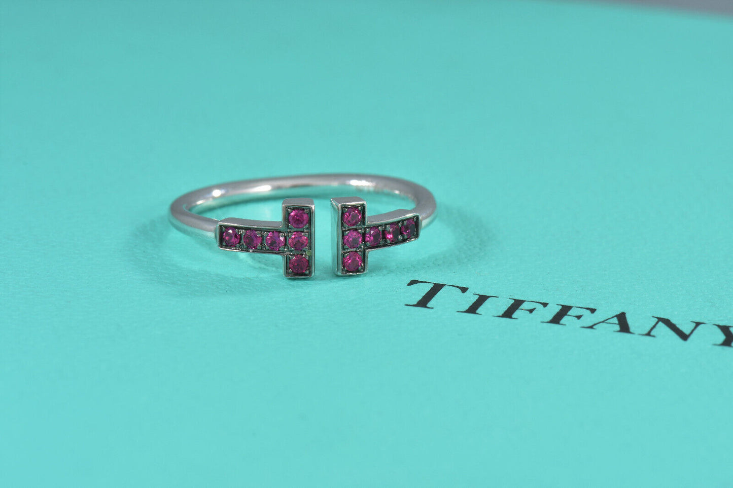 Tiffany & Co Red Ruby 18K White Gold T Square Wire Ring Size 4 in Box Pouch Rare