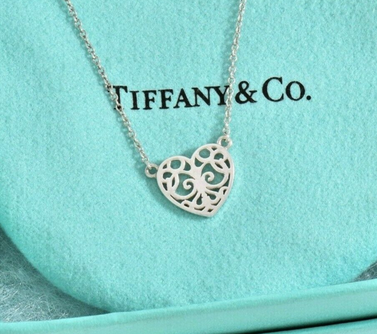 Tiffany & Co Silver Enchant Scroll Small Heart 16" Necklace in Pouch Rare Love