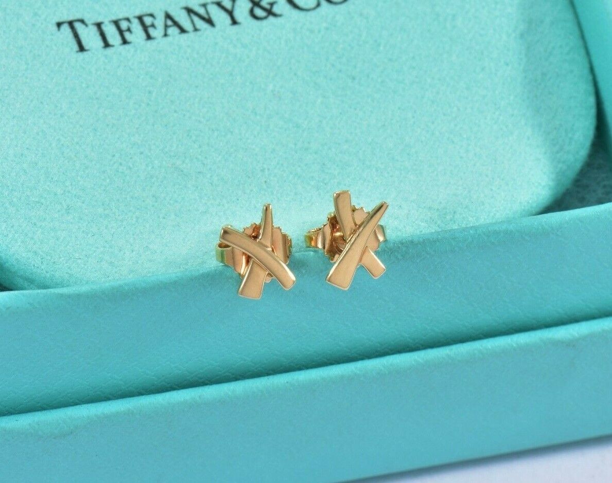 Tiffany & Co 18k Yellow Gold "X" Signature Stud 9mm Small Earrings and Box Pouch