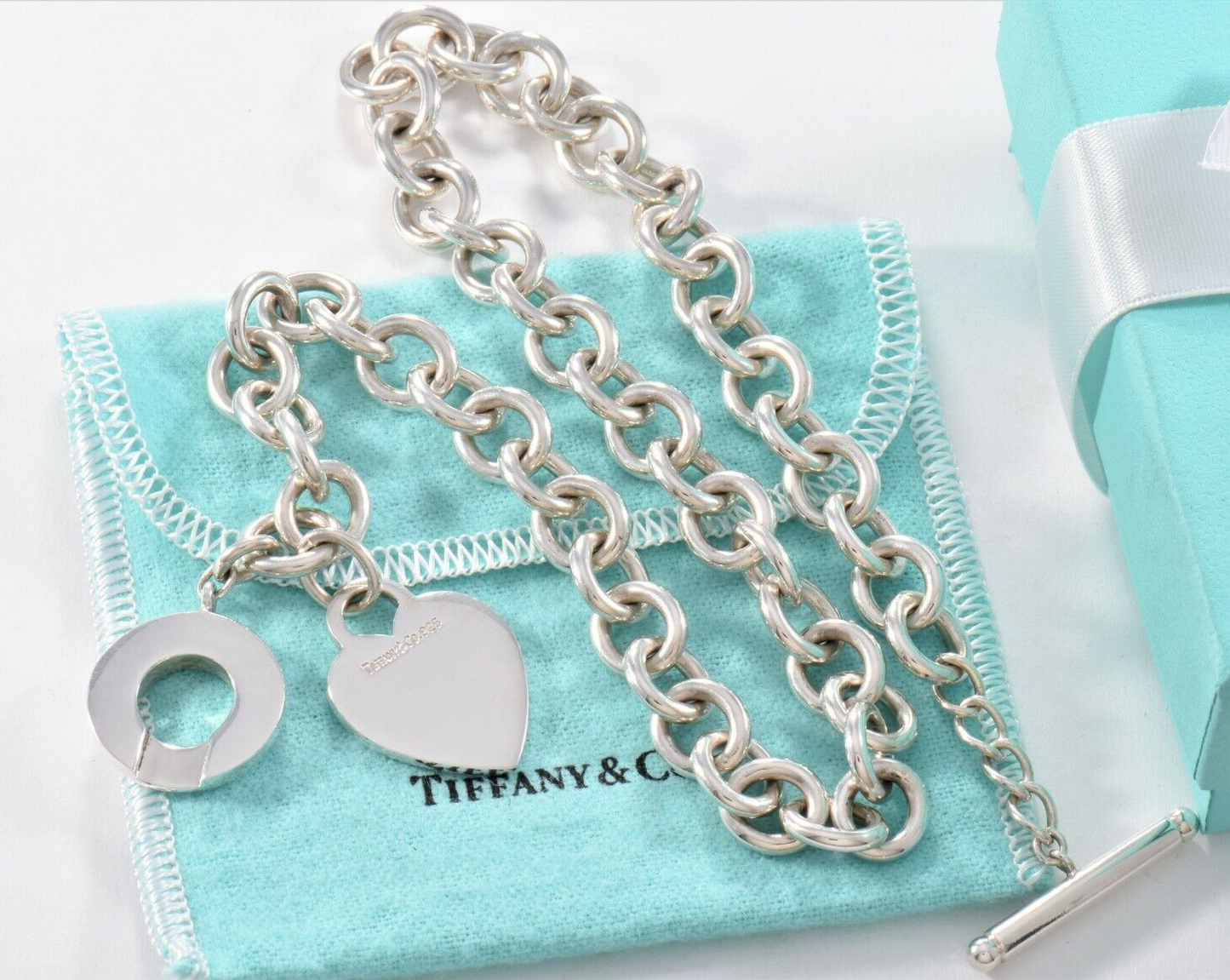 Tiffany & Co Silver Blank Heart Tag Engravable Toggle Chain Necklace 16.5" Pouch