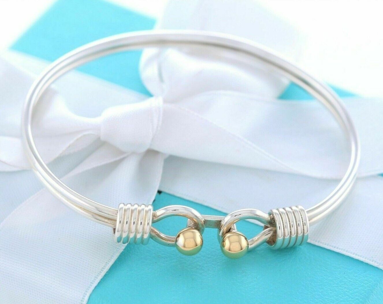 Vintage Tiffany & Co Silver 18K Gold Ball Coil Hook Bangle 6.6" Bracelet Cuff