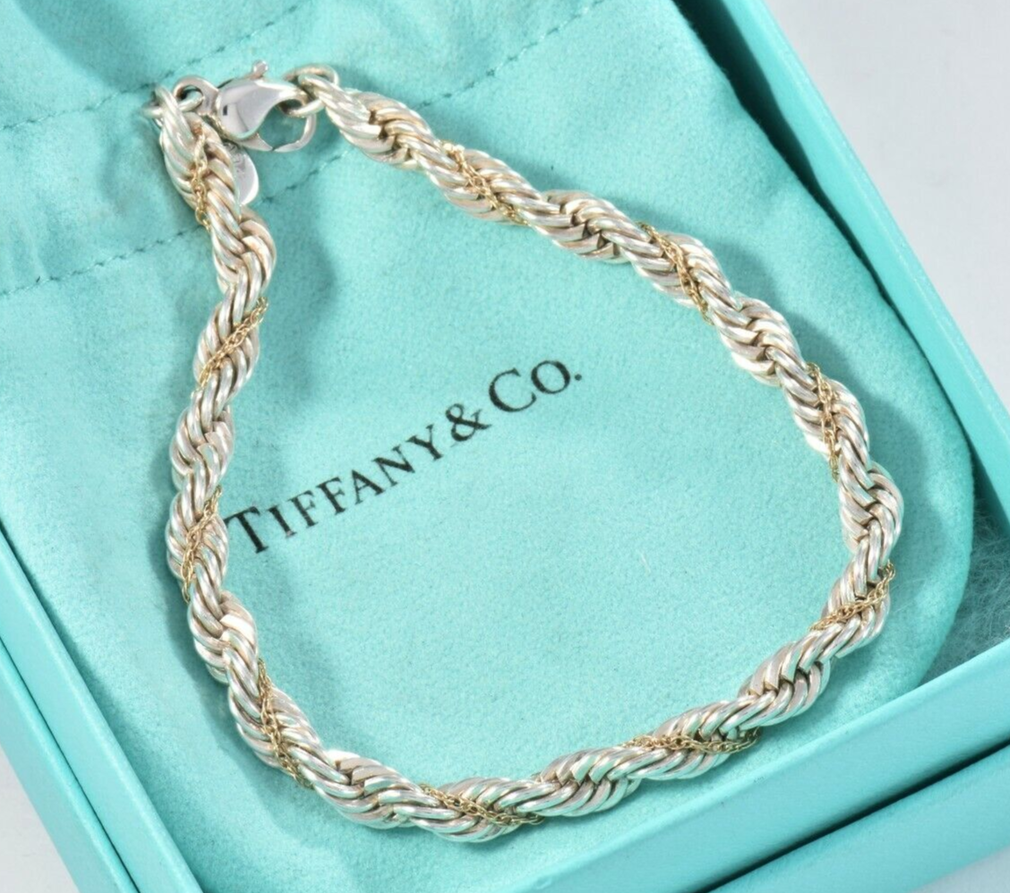 Vintage Tiffany & Co Silver 18K Yellow Gold Rope Chain 7.25" Bracelet in Pouch