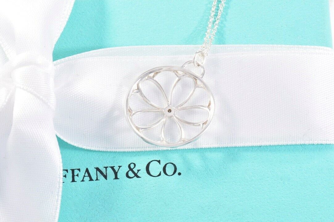 Tiffany & Co Silver Diamond Blossom Garden Flower Pendant 16.25" Necklace Pouch