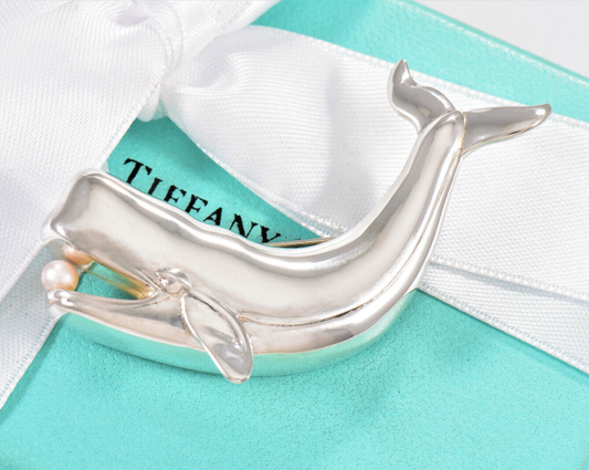 Vintage 1988 Tiffany & Co Silver Pearl Whale Brooch Pin in Pouch Ocean Sea Beach