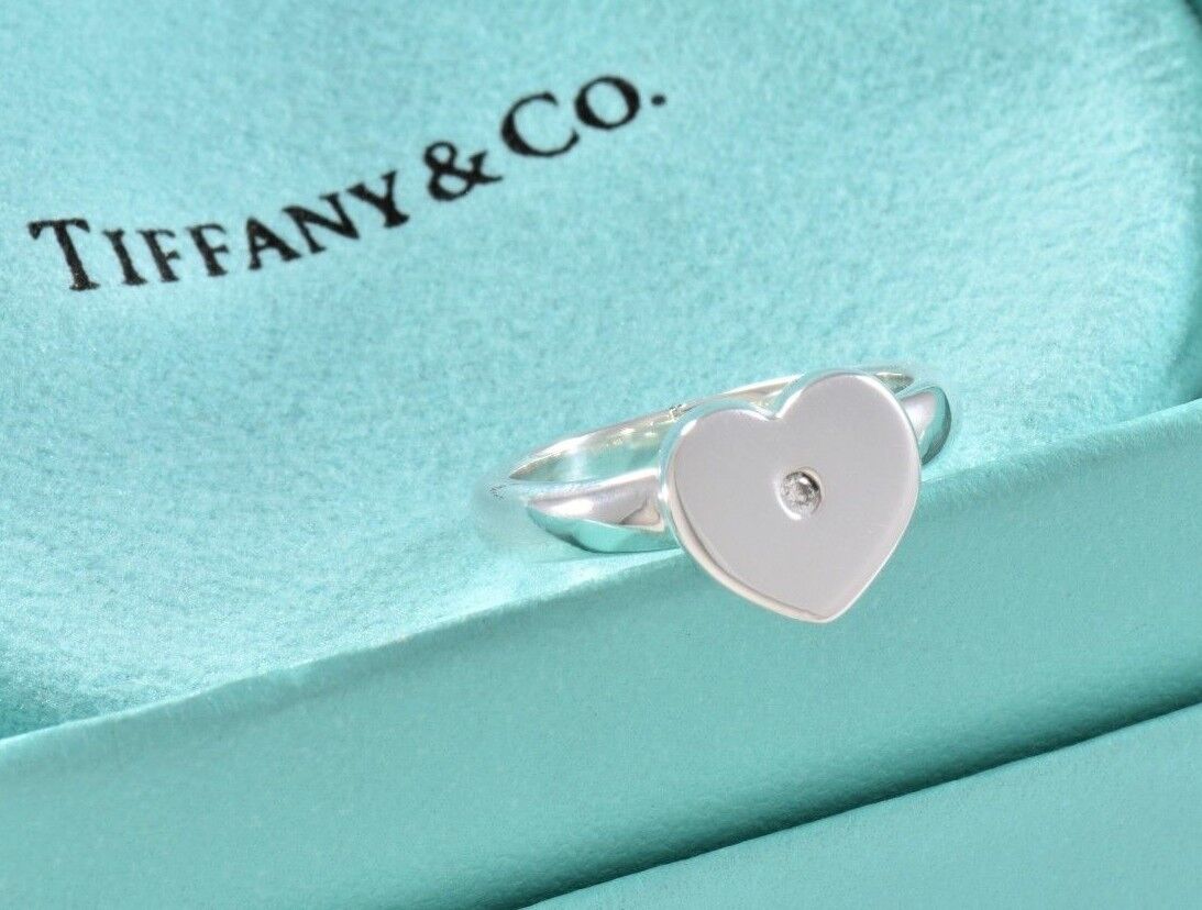 Tiffany & Co Silver Paloma Picasso Diamond Modern Heart Love Ring Size 6 & Pouch