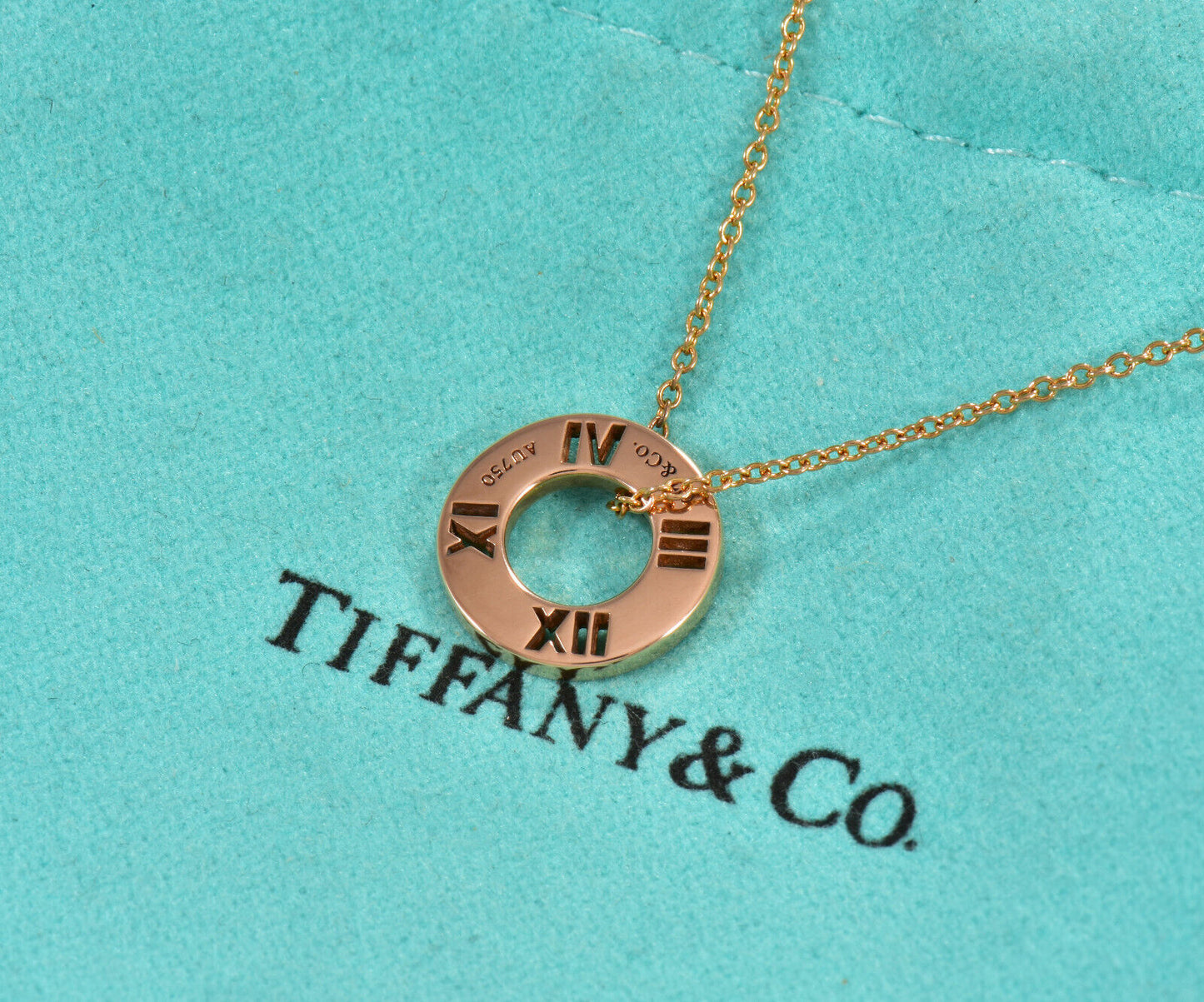 Tiffany & Co Diamond 18K Rose Gold Atlas Circle Pendant Necklace in Box Pouch