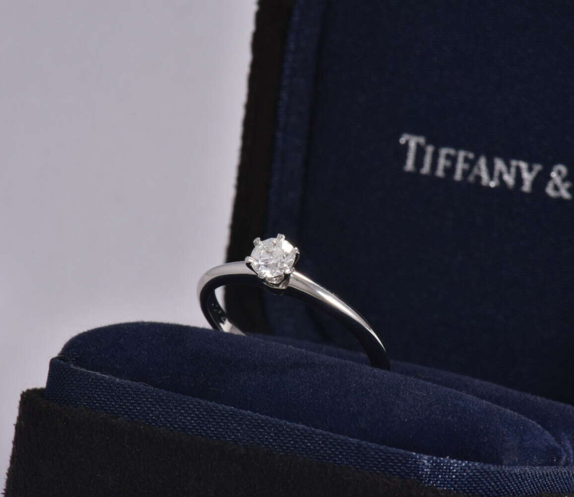 Tiffany & Co Platinum .24 ct Round Solitaire Diamond  Ring Size 5.5 in Box Pouch