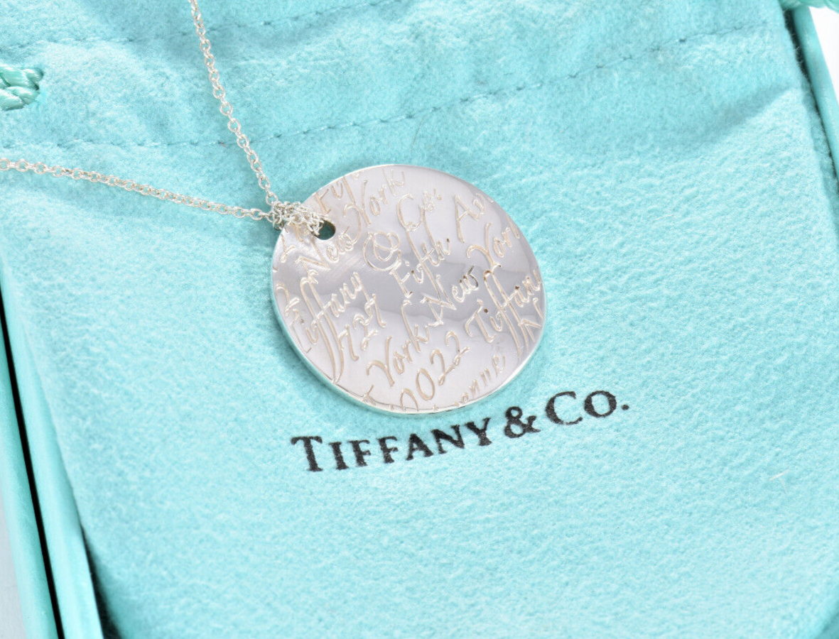 Tiffany & Co Silver NY Address Notes Wavy Round Disk Pendant 16" Necklace Circle