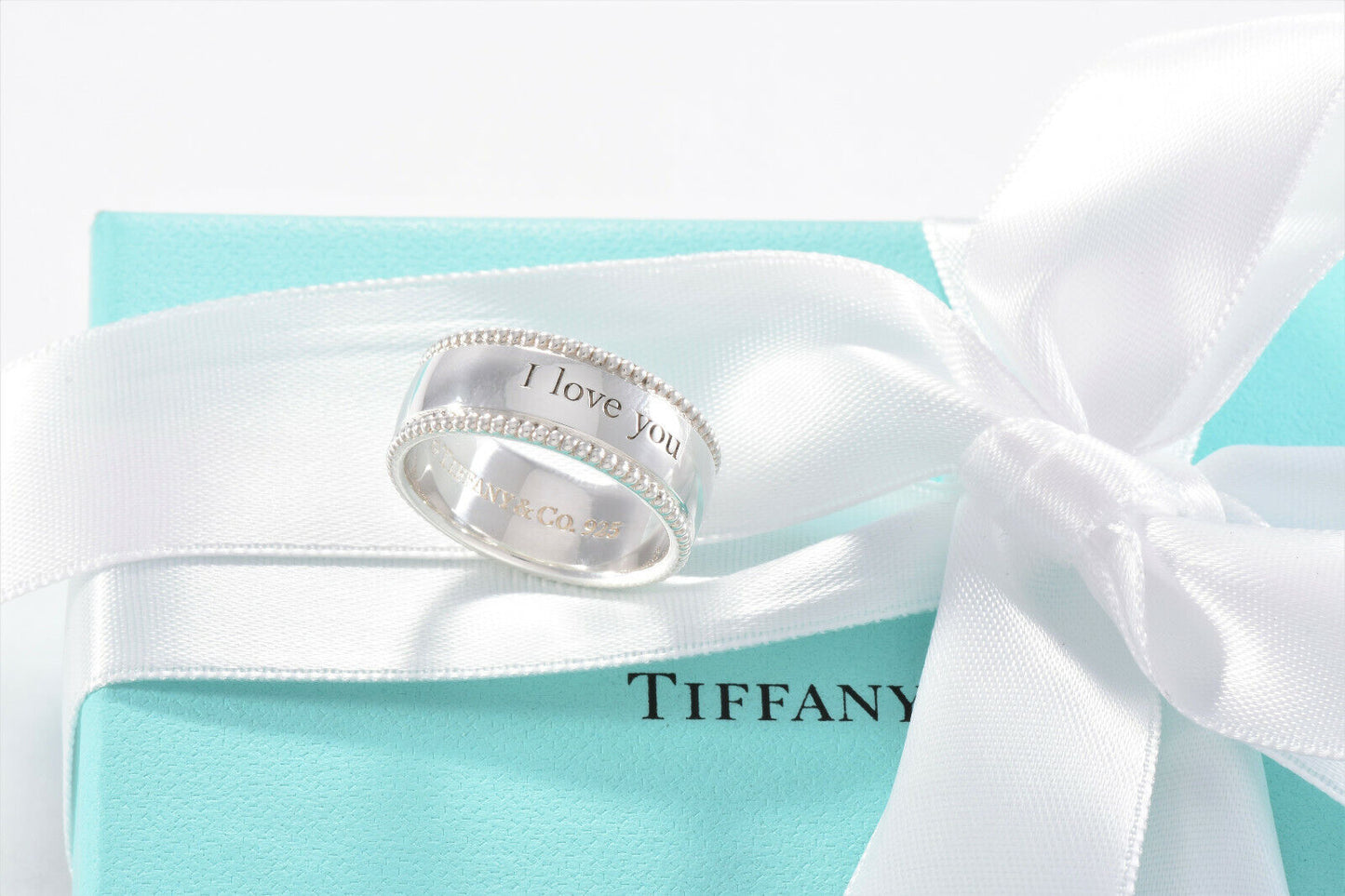 Tiffany & Co Sterling Silver I Love You Bead Edge Ring Size 6 in Pouch Yours