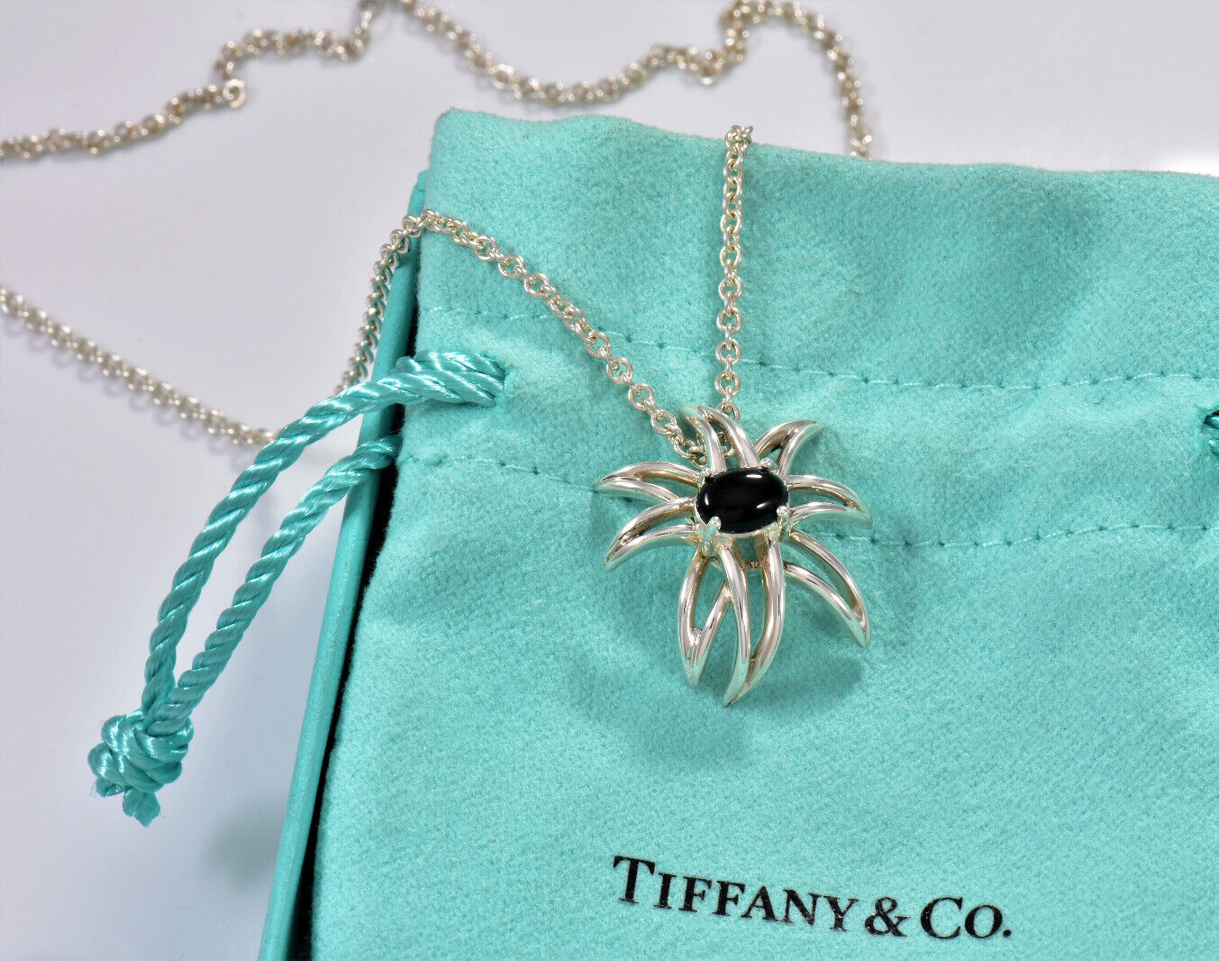 Vintage Tiffany & Co Silver Black Onyx Fireworks Pendant 16.25" Necklace & Pouch