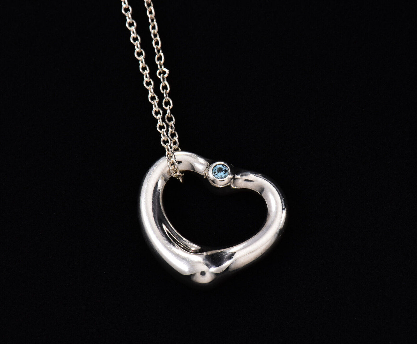 Tiffany & Co  Aquamarine Silver Elsa Peretti Open Heart 16" Necklace in Box Rare