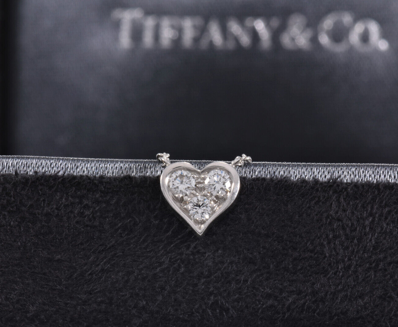 Tiffany & Co Platinum Three Diamond Heart Pendant 16.25" Necklace in Box Pouch