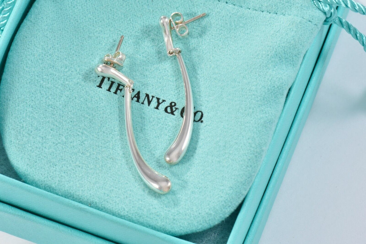 Tiffany & Co Elsa Peretti Sterling Silver Elongated Teardrop Dangling Earrings