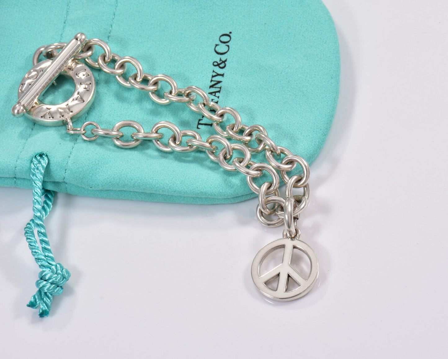 Tiffany & Co Silver Peace Sign Charm Toggle Link 8" Chain Bracelet in Pouch Rare