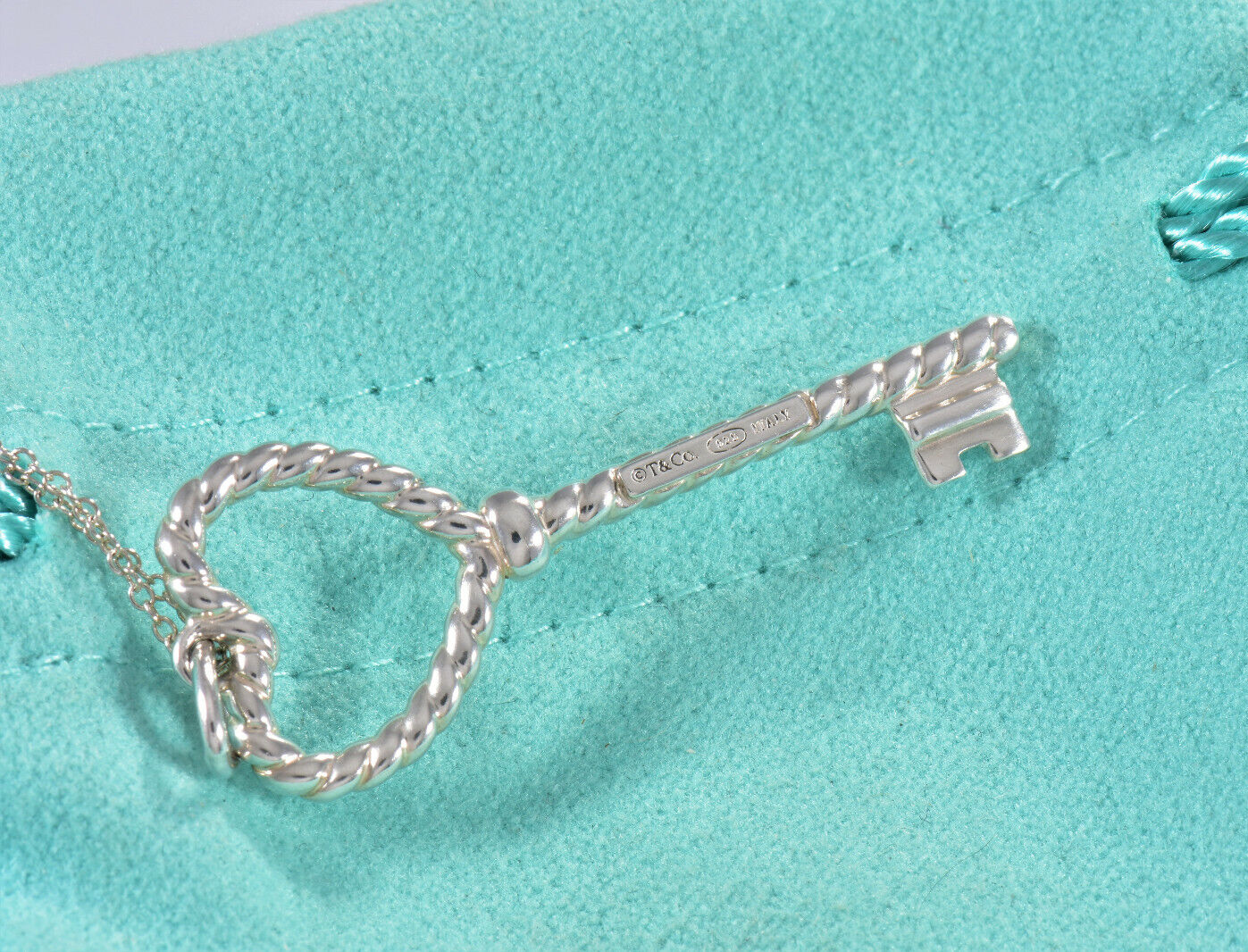 Tiffany & Co Silver Large 2" Heart Rope Twist Key Charm Pendant 16" Necklace Box