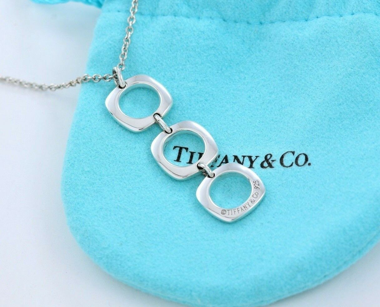 Tiffany & Co Silver Three Cushion Square Dangle Pendant Drop Necklace & Pouch