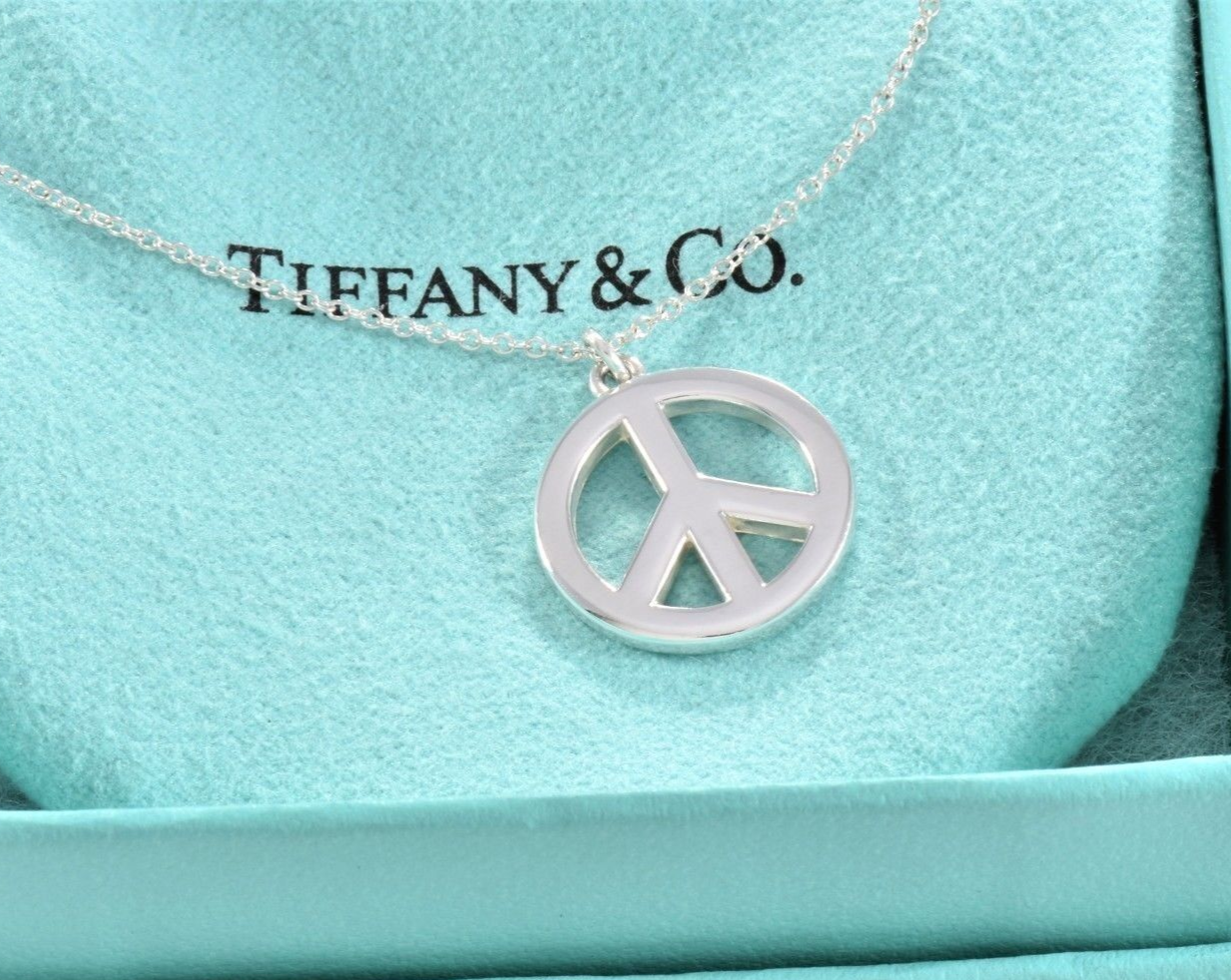 Tiffany & Co Sterling Silver Peace Love Charm Pendant 17.75" Necklace Box Pouch