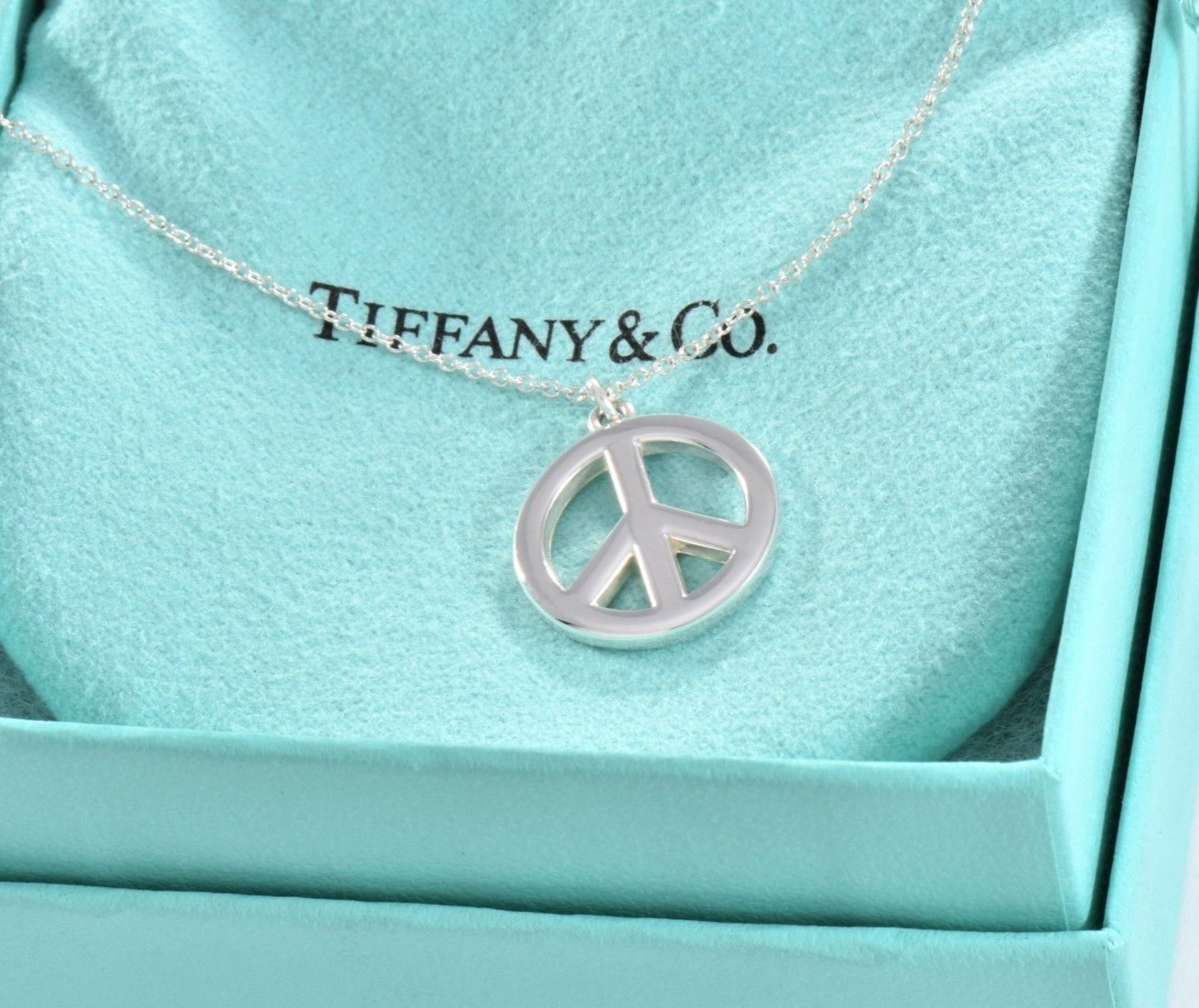 Tiffany & Co Sterling Silver Peace Love Charm Pendant 17.75" Necklace Box Pouch