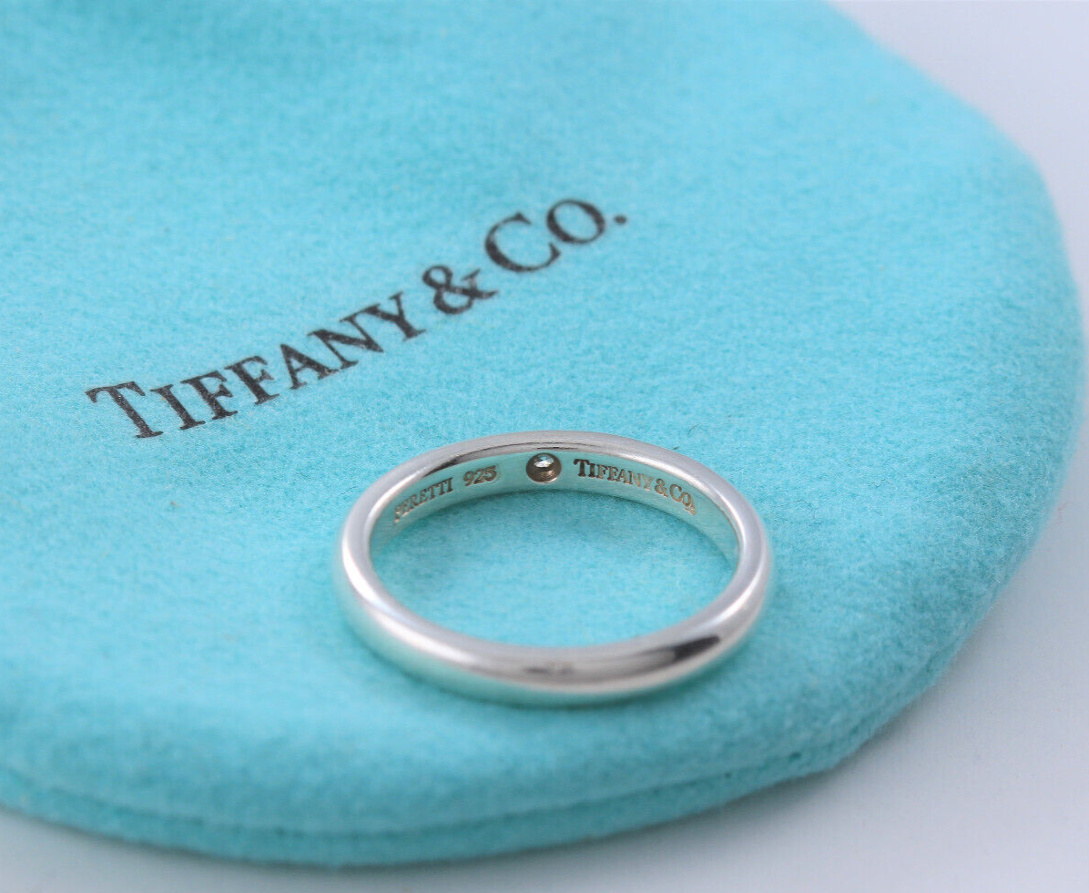 Size 8.5 Tiffany & Co Sterling Silver Elsa Peretti Diamond Stack Ring Box Pouch