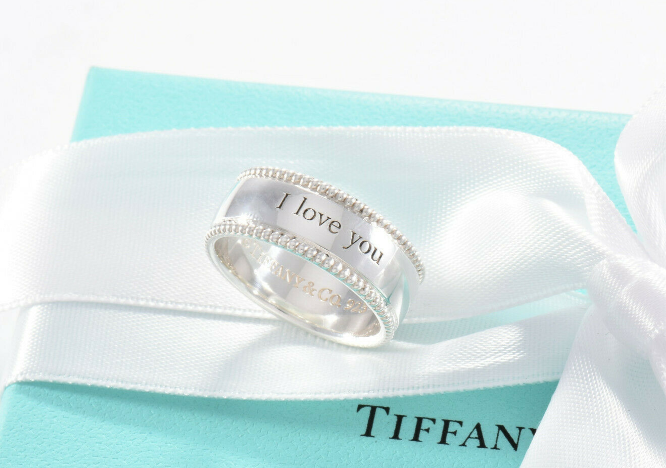 Tiffany & Co Sterling Silver I Love You Bead Edge Ring Size 4.5 & Pouch Yours