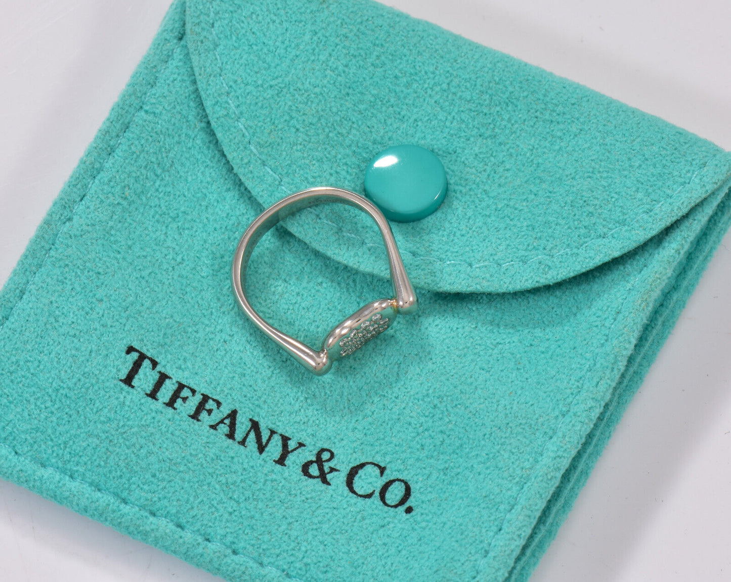 Tiffany & Co Pave Diamond Platinum Elsa Peretti Bean Ring Size 5 in Pouch Rare