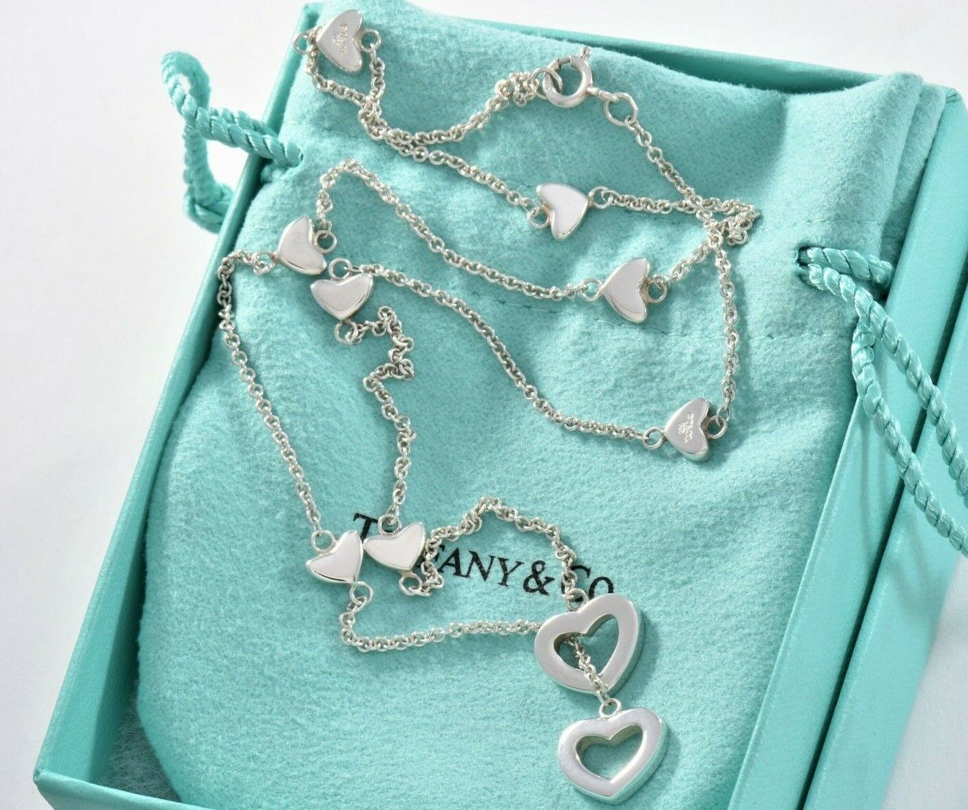 Tiffany & Co Silver Heart Lariat Drop Dangle Necklace in Box Pouch Rare Dangling