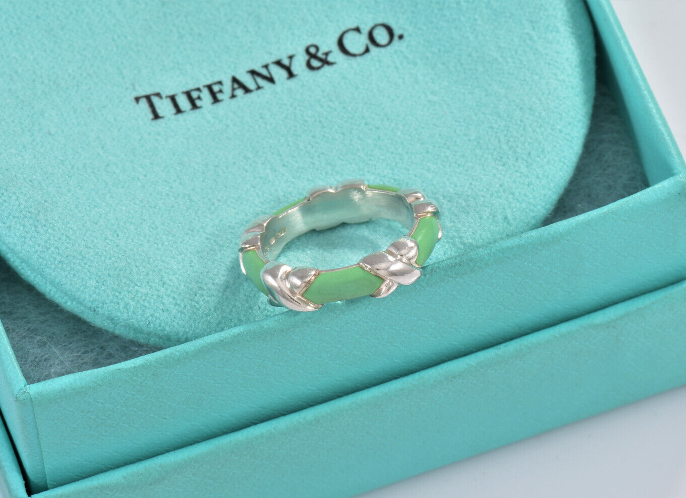 Tiffany & Co Silver Blue Enamel 4mm Signature X Stack Band Ring Size 5 in Pouch