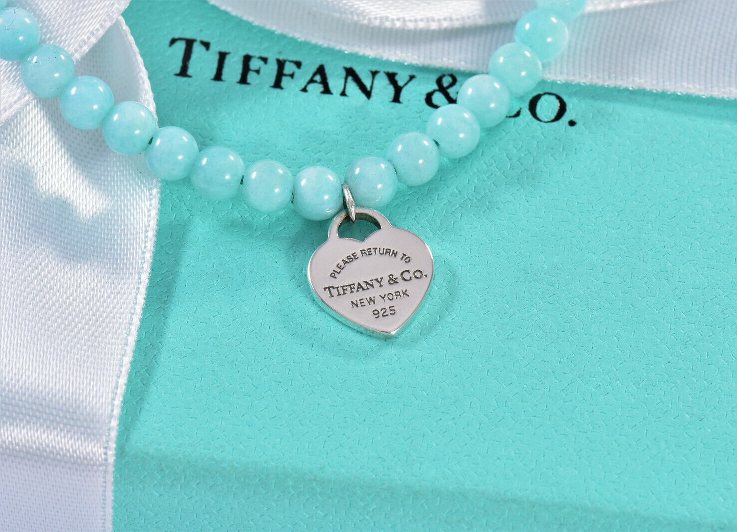 Please Return To Tiffany & Co Silver Heart Charm Amazonite Bead Bracelet 7.25"