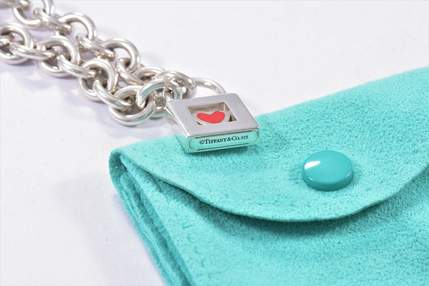 Tiffany & Co Sterling Silver Red Enamel Heart Lock 8" Chain Link Bracelet Rare