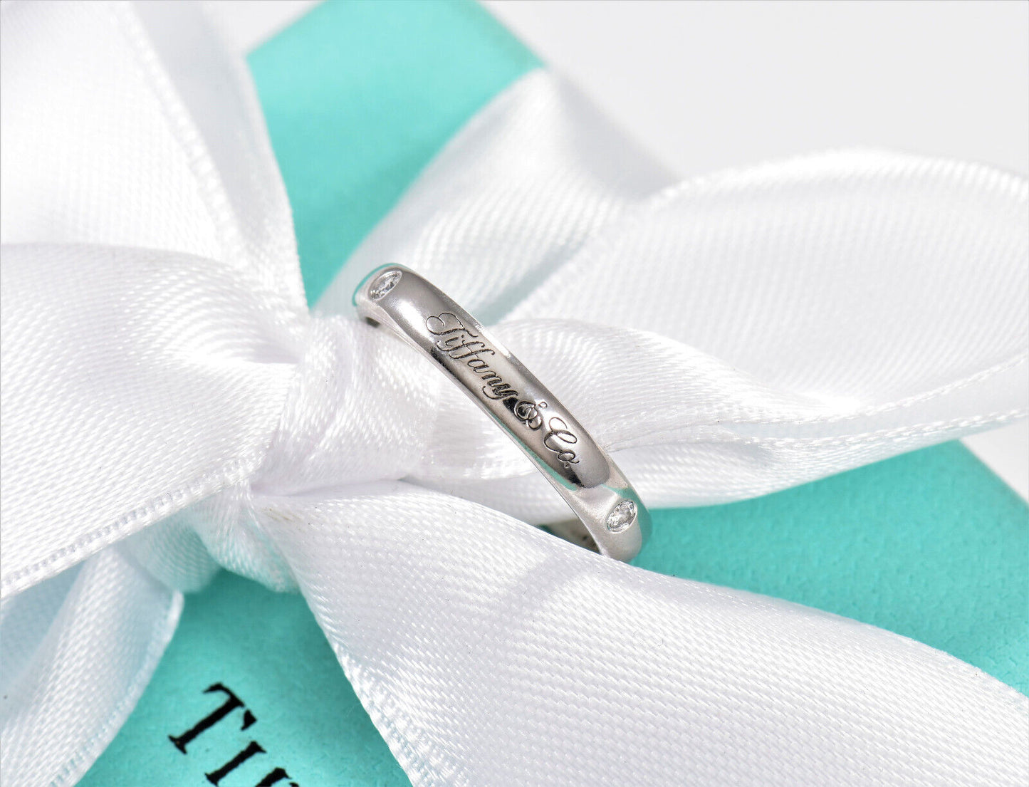 Tiffany & Co Platinum 3 Diamond Notes Band Ring Size 5 in Box Pouch Lucida Stack