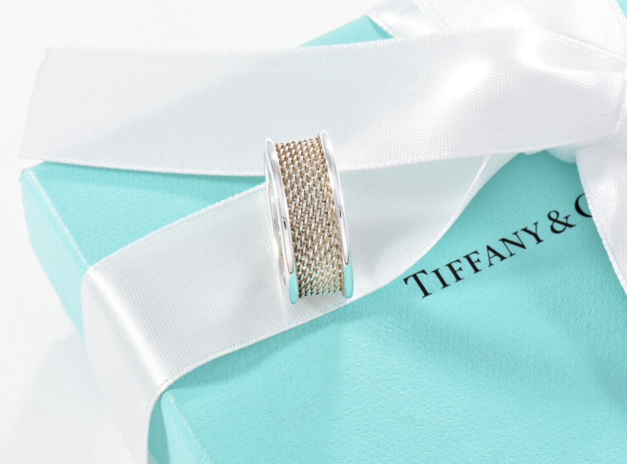 Tiffany & Co Sterling Silver Mesh Wide Bar Band Size 5.5 Ring In Pouch Unisex