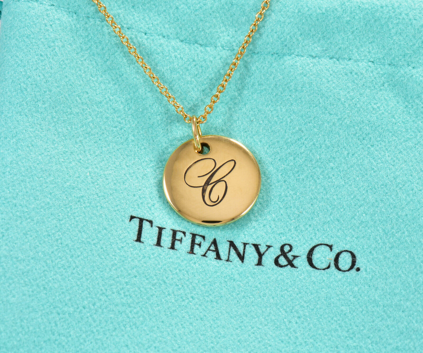 Tiffany & Co 18K Yellow Gold Circle Notes Letter C Disc Pendant 18" Necklace Box