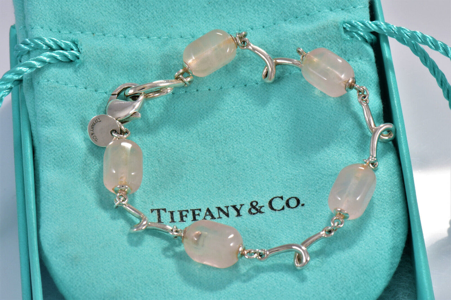 Tiffany & Co Silver Pink Rose Quartz Bead 7.25" Bracelet Twist Link & Pouch Rare