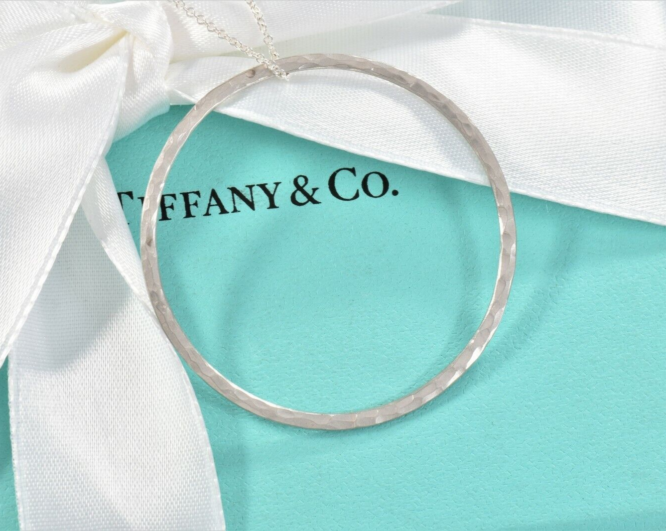 Tiffany & Co Silver Paloma Picasso Hammered Circle Ring Pendant Necklace & Pouch