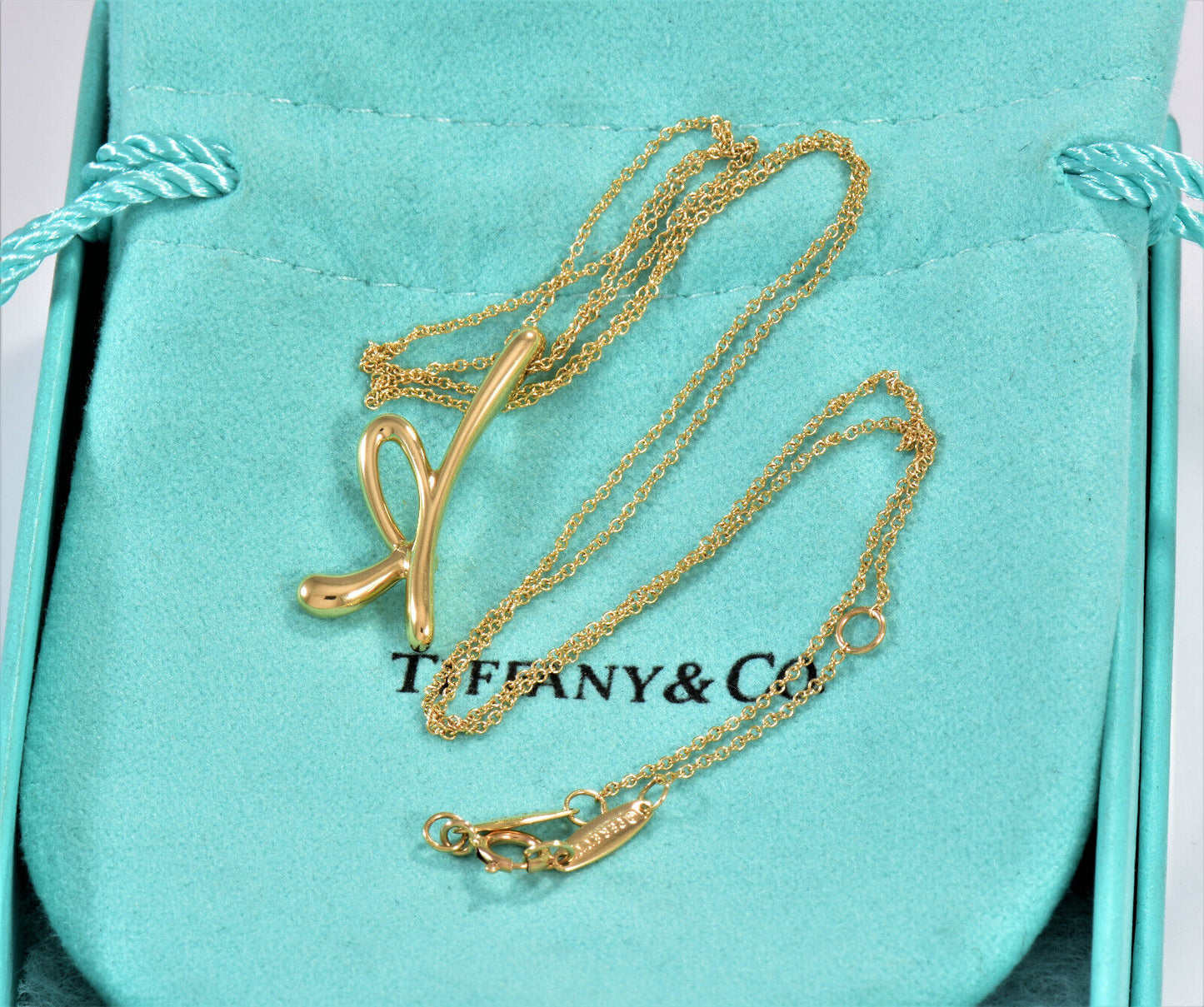 Tiffany & Co 18K Yellow Gold Elsa Peretti Letter K Pendant 21" Necklace in Box