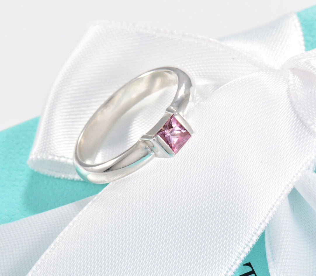 Tiffany & Co Sterling Silver Pink Sapphire Square Stack Band Ring Size 6 Boxed