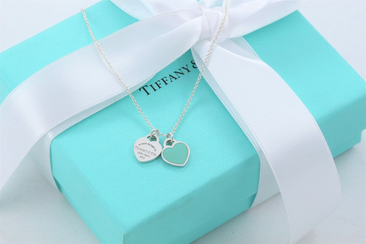 Please Return To Tiffany & Co Silver Mini Double Heart Blue Enamel 16" Necklace