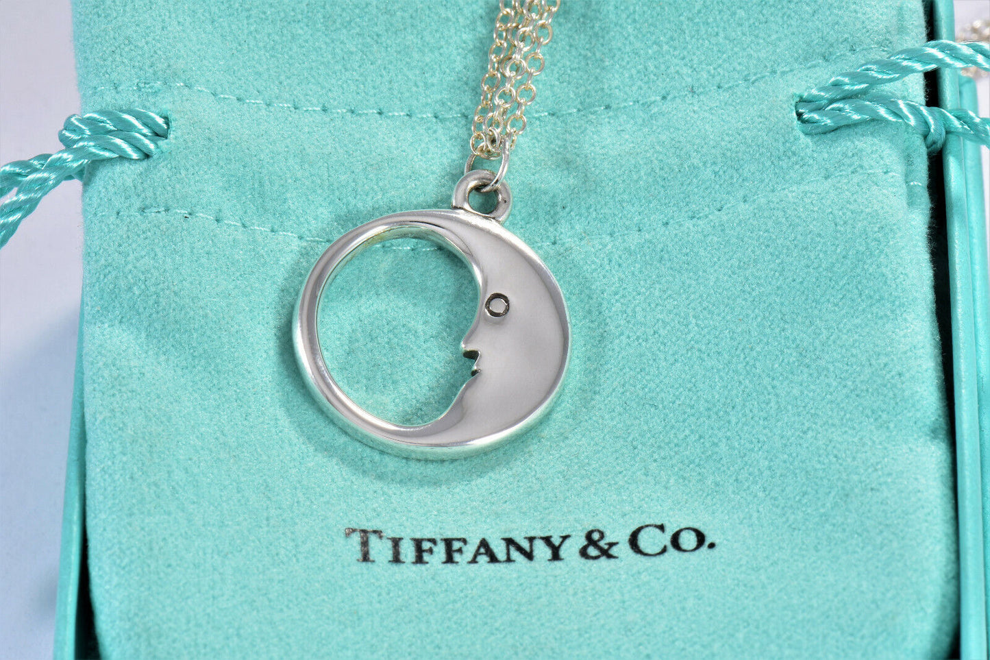 Tiffany & Co Sterling Silver Man In The Moon Double Chain Necklace 16" In Box