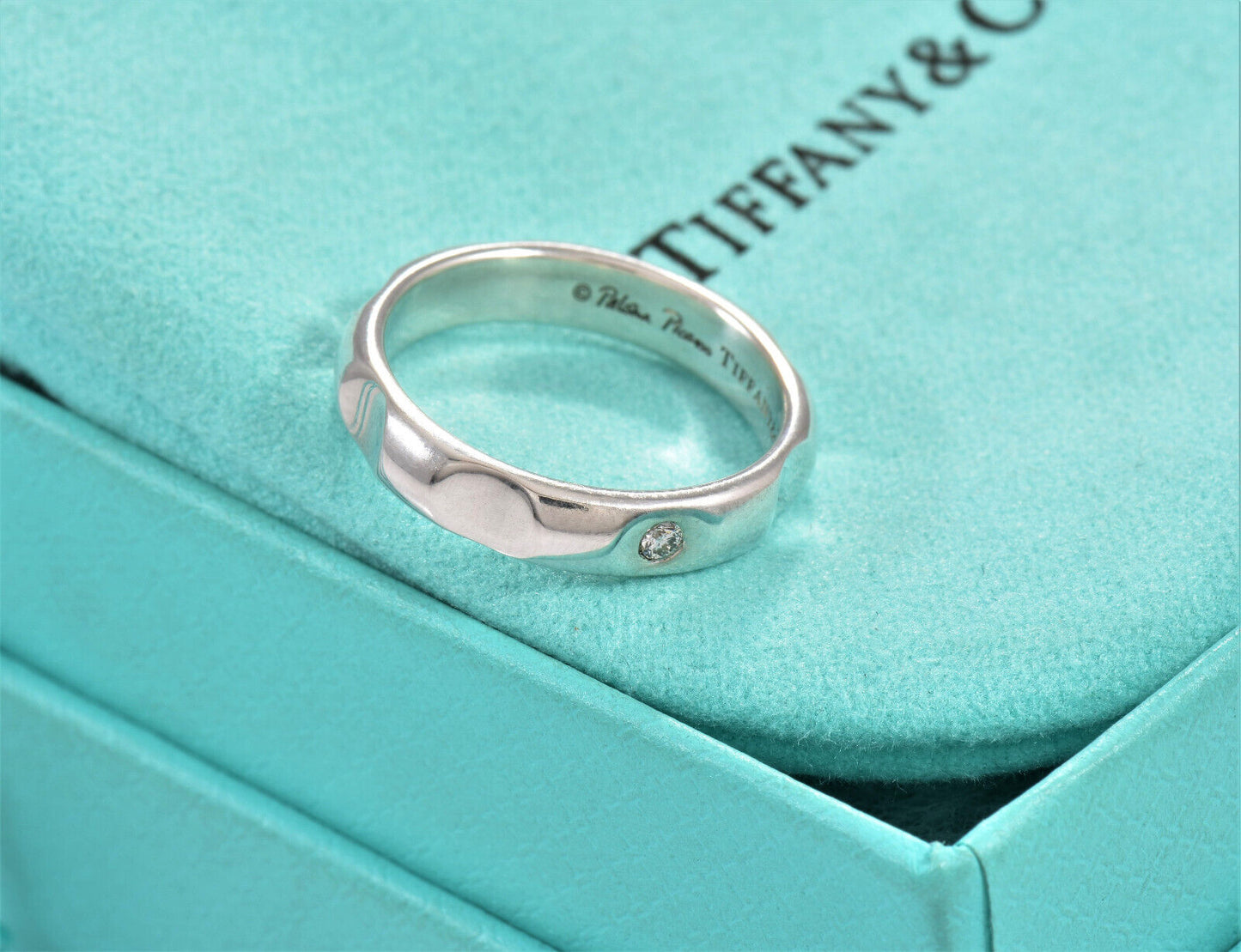 Tiffany & Co Diamond Silver Paloma Picasso Groove Ring Size 6.5 Mens Band Pouch