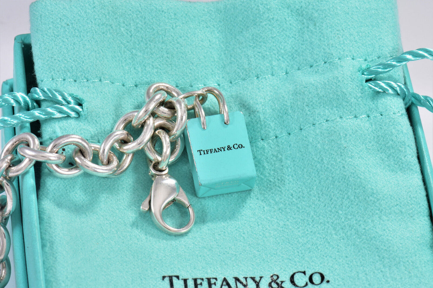 Tiffany & Co Silver Blue Enamel Shopping Bag Charm 7.75" Chain Link Bracelet