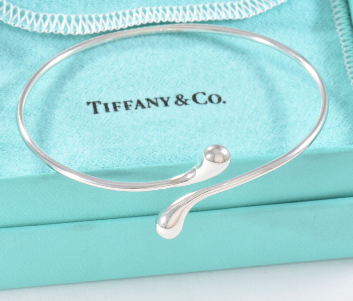 Tiffany & Co Silver Elsa Peretti Teardrop Bangle 7.25" Cuff Bracelet in Pouch