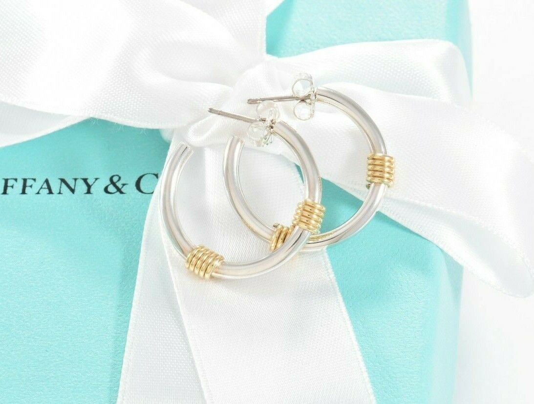 Vintage Tiffany & Co Silver Yellow Gold Coil Cable Wire Hoop Earrings 1.3" Pouch