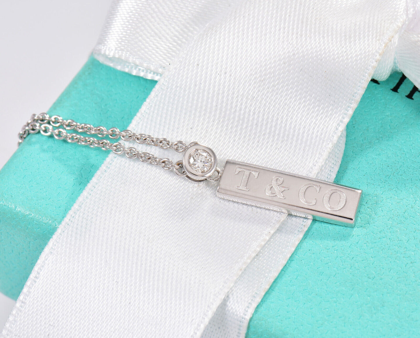 Tiffany & Co Diamond 18K White Gold Logo Bar Pendant 16.25" Necklace & Box Pouch